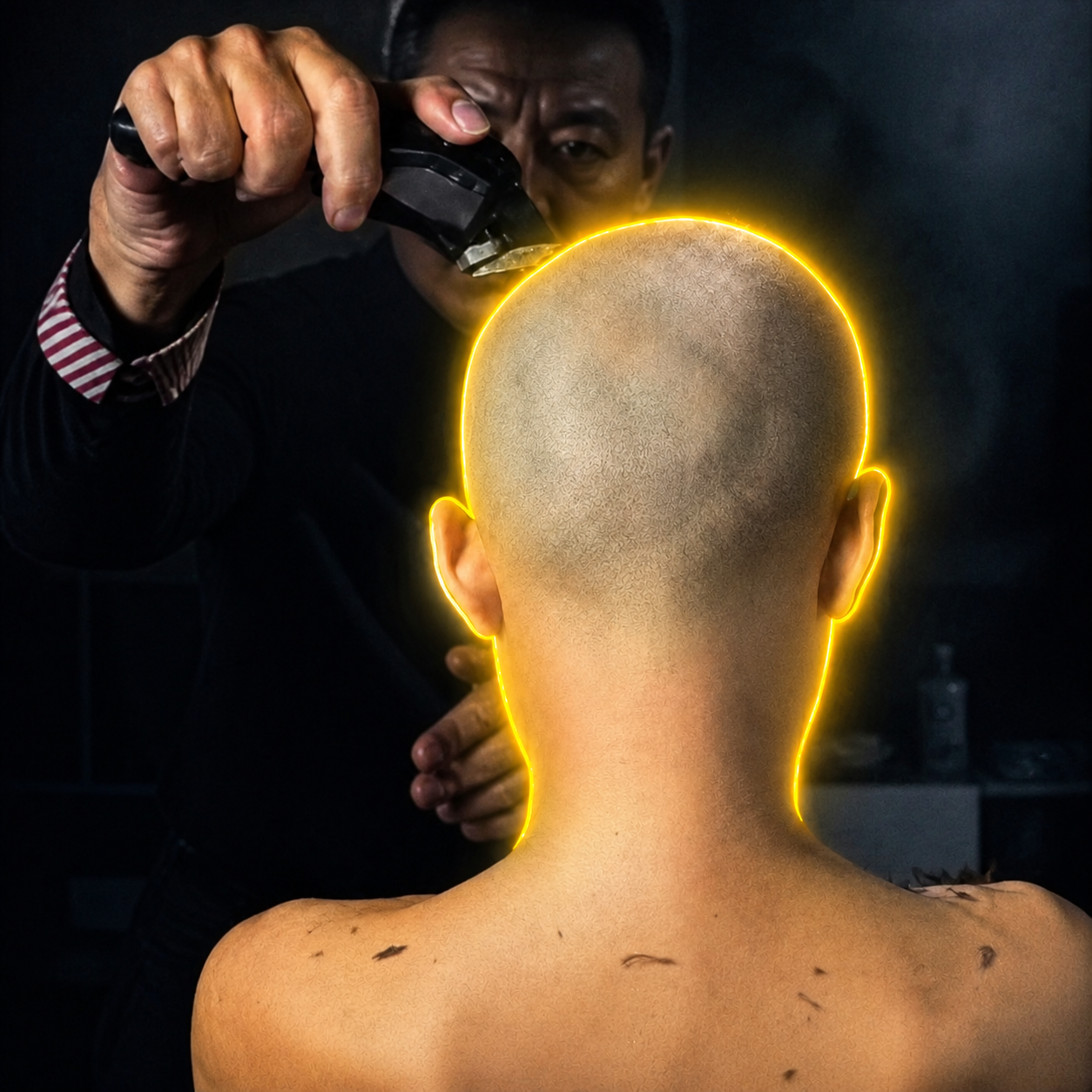 The Watcher and the Barber in a dark barbershop, outlined by yellow light